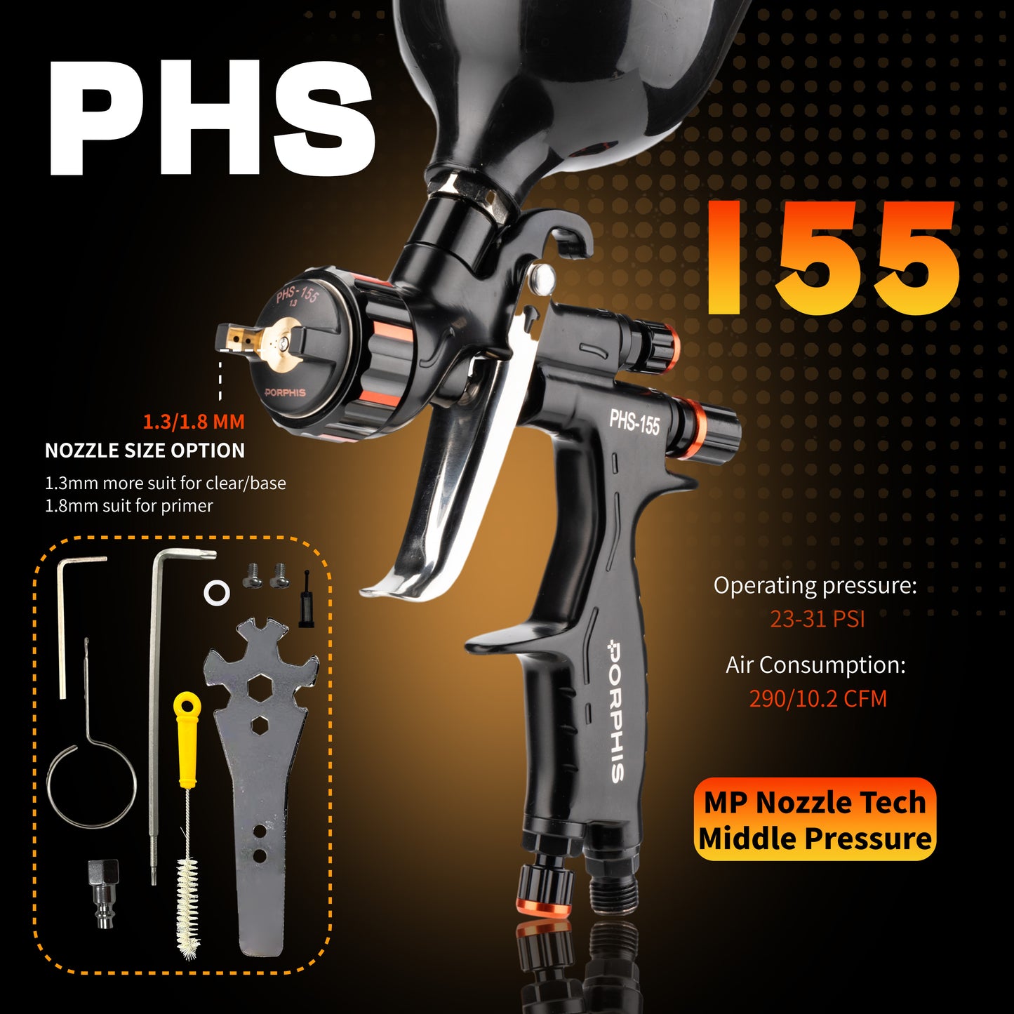 Porphis Professional Full System Spray Gun Bundle - PHS-155, PRD-715, PRD-717