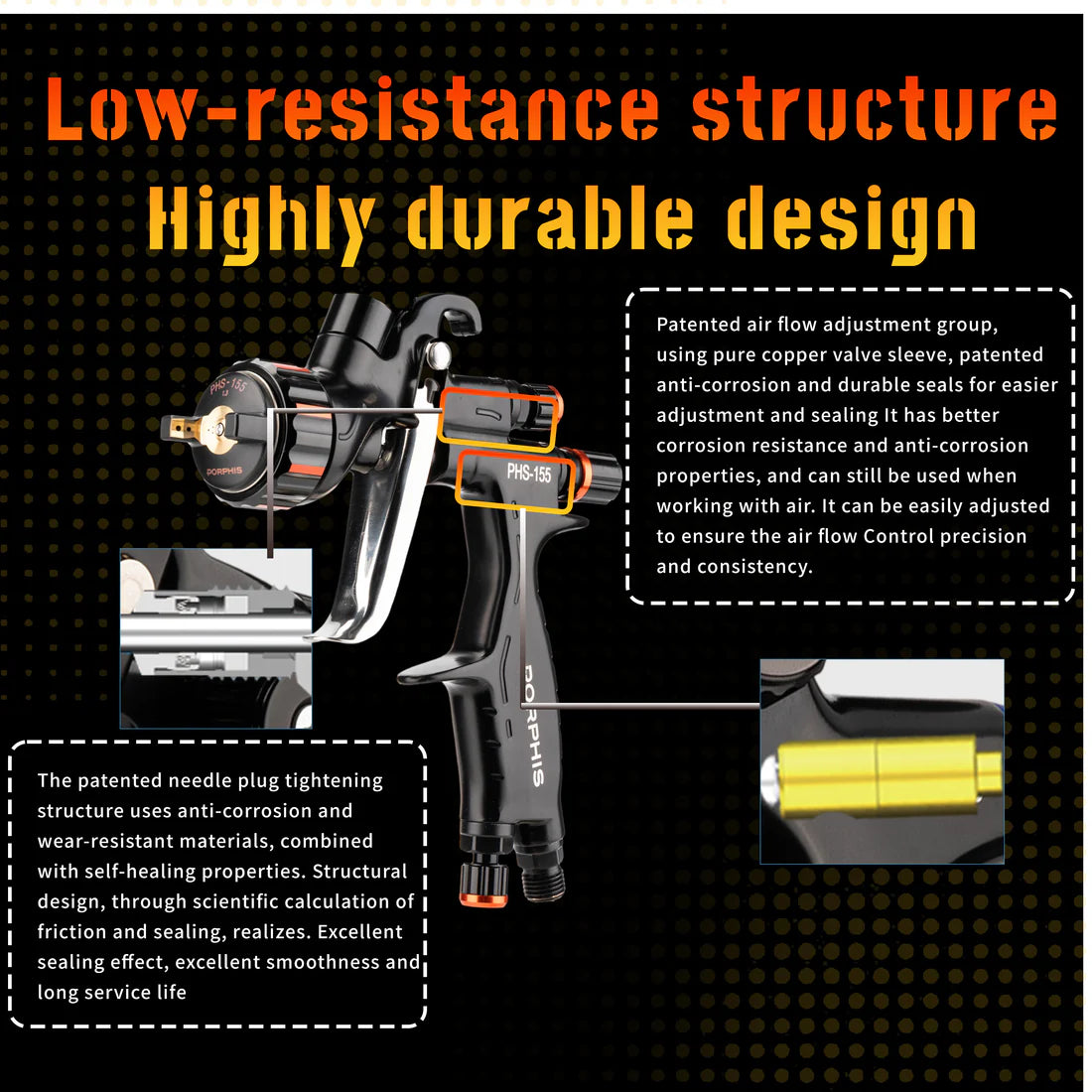 Porphis PHS-155 MP Nozzle 1.3 / 1.8 mm Spray Gun - NEW TEFLON COATING