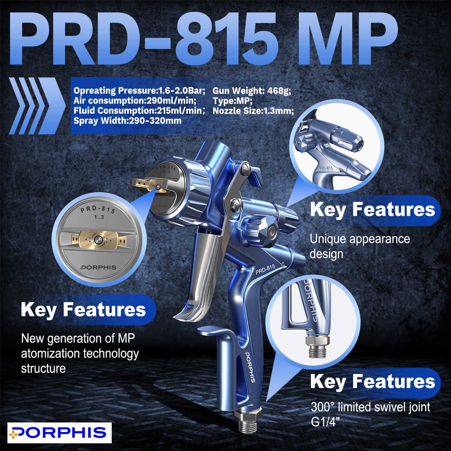 Porphis PRD-815 MP 1.3mm Professional Spray Gun + PPS 1.0 Adapter and PPS Cup